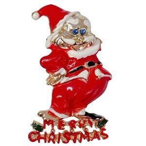 Vintage Signed BJ Beatrix Santa Claus Enamel Brooch Gold Tone Rhinestone 1970s